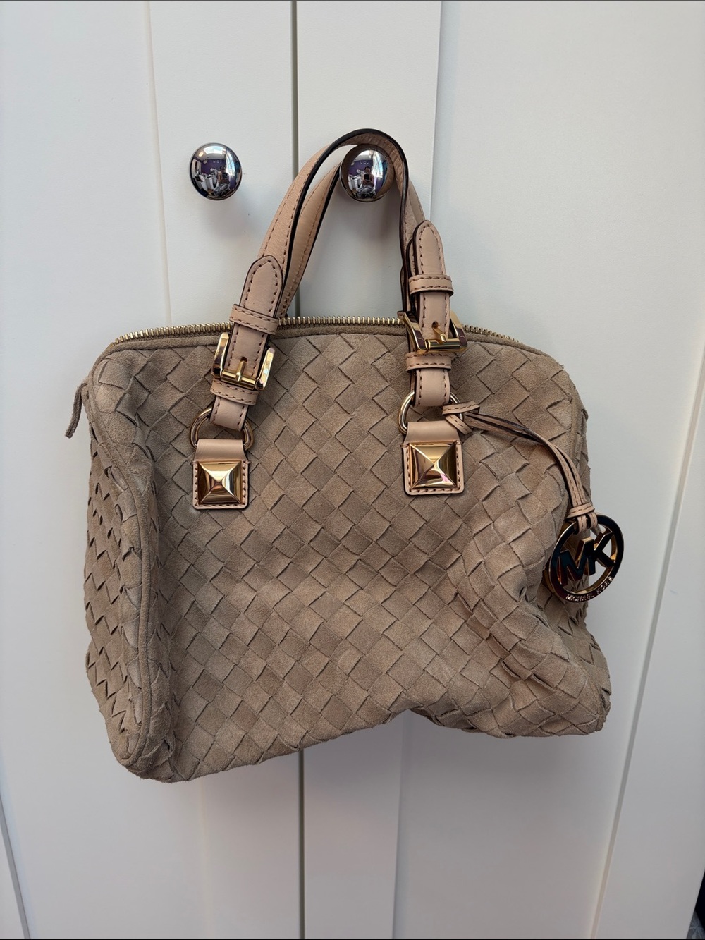 Michael Kors Beige Taupe Woven Leather Satchel with Gold Hardware